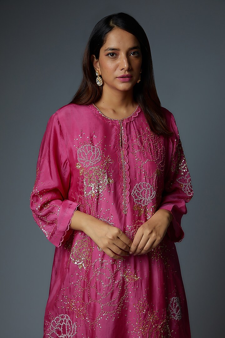 Hot Pink Viscose Silk Embroidered Kurta by One not two at Pernia's Pop Up Shop