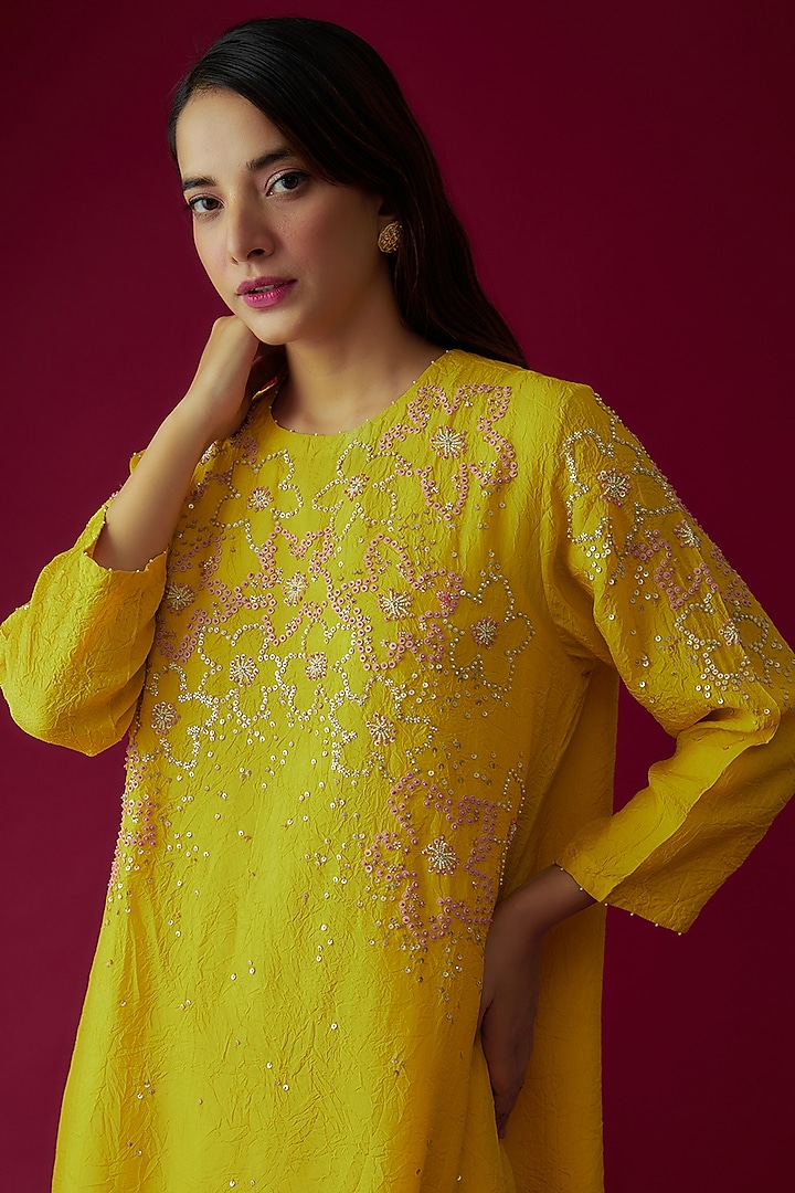 Mango Yellow Viscose Silk Embroidered Kurta by One not two at Pernia's Pop Up Shop