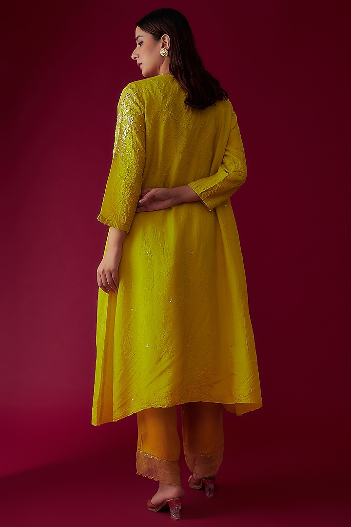 Citrine Yellow Viscose Silk Embroidered Kurta by One not two at Pernia's Pop Up Shop