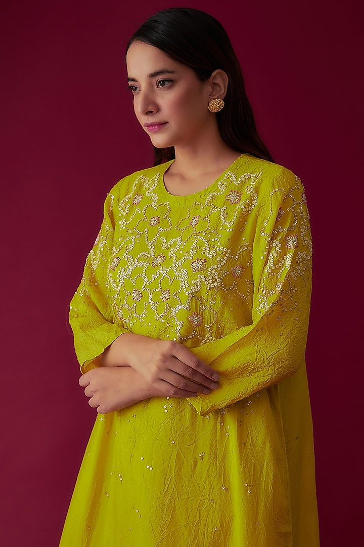 Citrine Yellow Viscose Silk Embroidered Kurta by One not two at Pernia's Pop Up Shop
