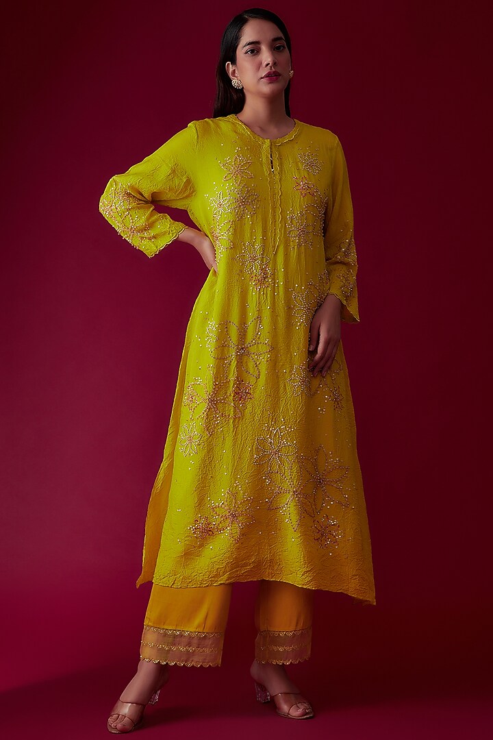 Citrine Yellow Viscose Silk Embroidered Kurta by One not two at Pernia's Pop Up Shop
