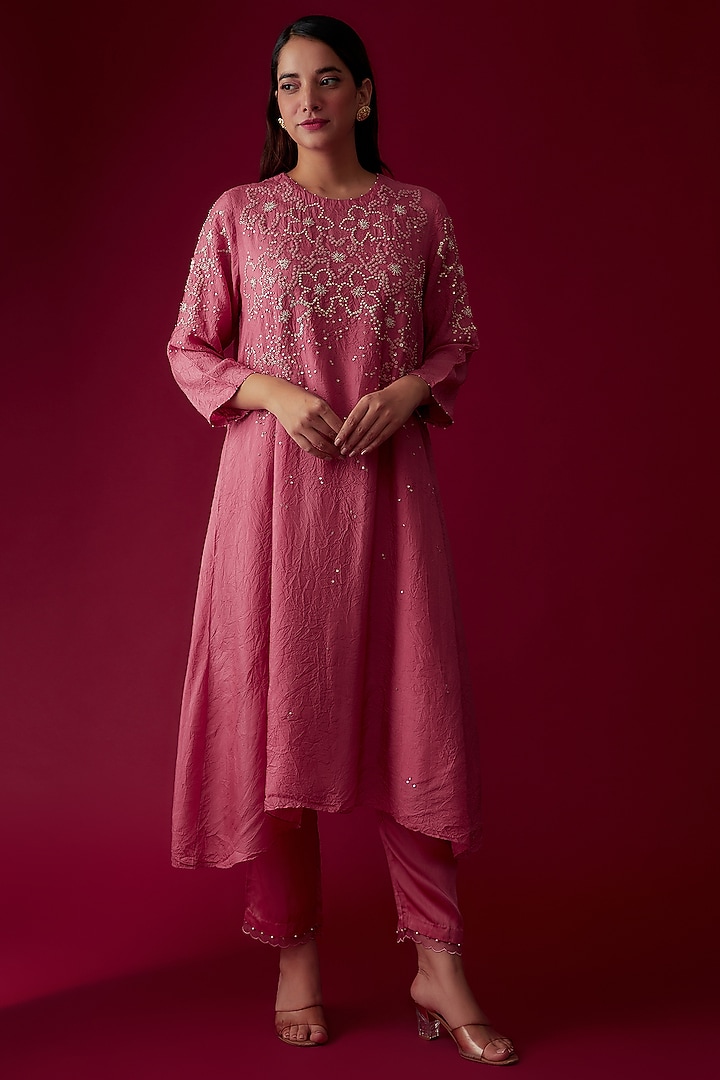Rose Pink Viscose Silk Embroidered Kurta by One not two at Pernia's Pop Up Shop