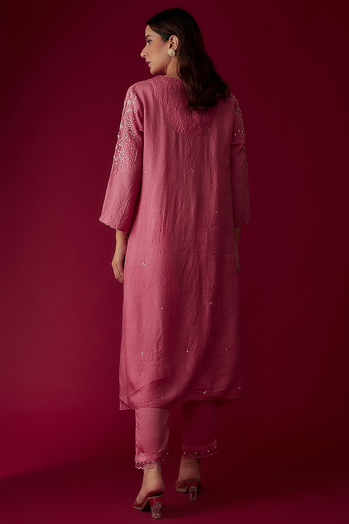 Rose Pink Viscose Silk Embroidered Kurta by One not two at Pernia's Pop Up Shop