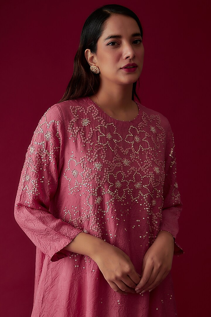 Rose Pink Viscose Silk Embroidered Kurta by One not two at Pernia's Pop Up Shop