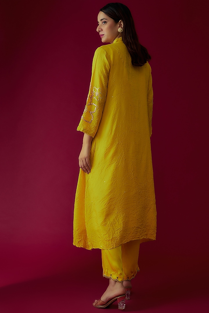 Mango Yellow Viscose Silk Embroidered Kurta by One not two at Pernia's Pop Up Shop