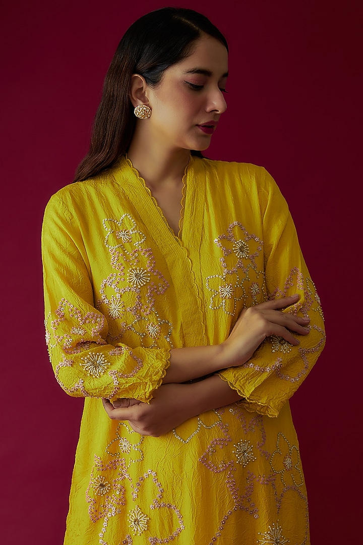 Mango Yellow Viscose Silk Embroidered Kurta by One not two at Pernia's Pop Up Shop