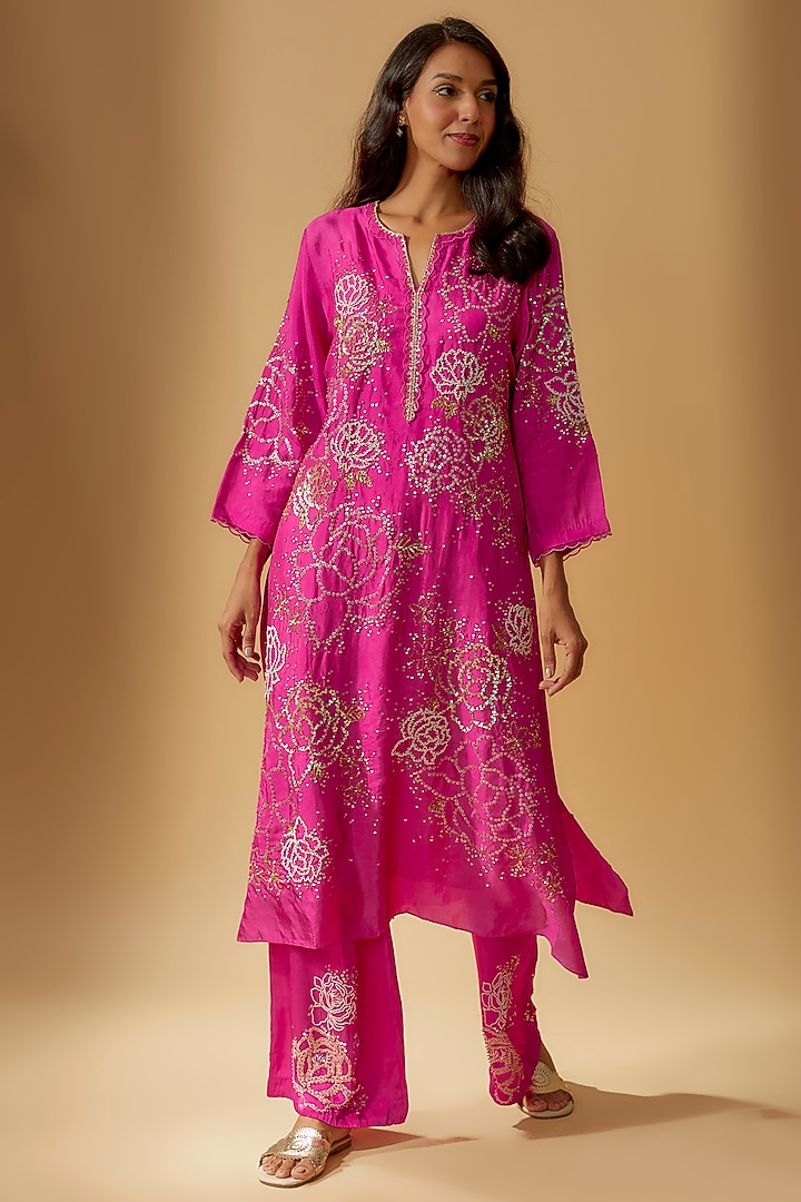 Hot Pink Viscose Silk Hand Embroidered Kurta by One not two at Pernia's Pop Up Shop