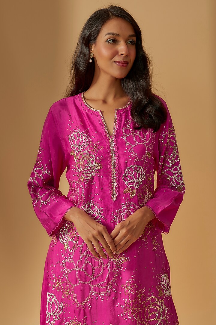 Hot Pink Viscose Silk Hand Embroidered Kurta by One not two at Pernia's Pop Up Shop