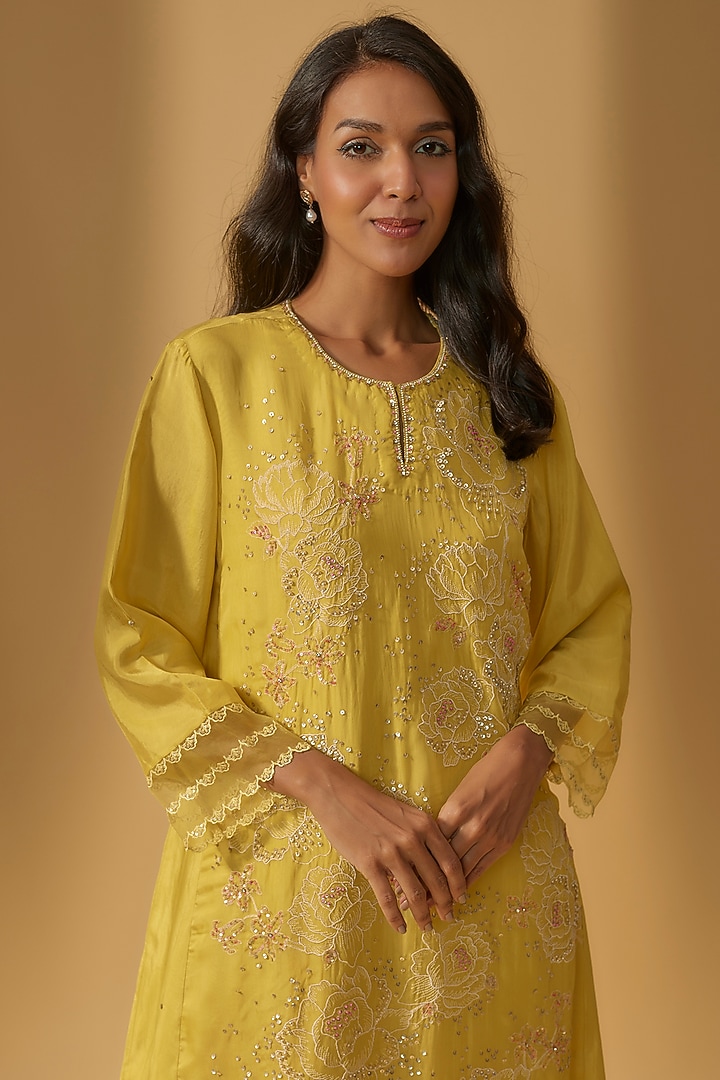 Yellow Viscose Silk Embroidered Kurta by One not two at Pernia's Pop Up Shop