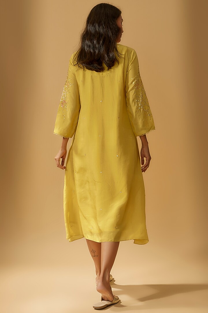 Yellow Viscose Silk Hand Embroidered Kurta by One not two at Pernia's Pop Up Shop