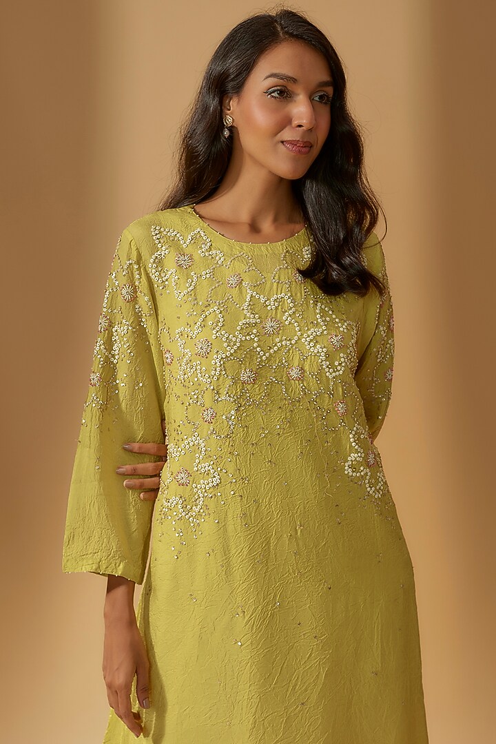Citrine Viscose Silk Hand Embroidered Kurta by One not two at Pernia's Pop Up Shop