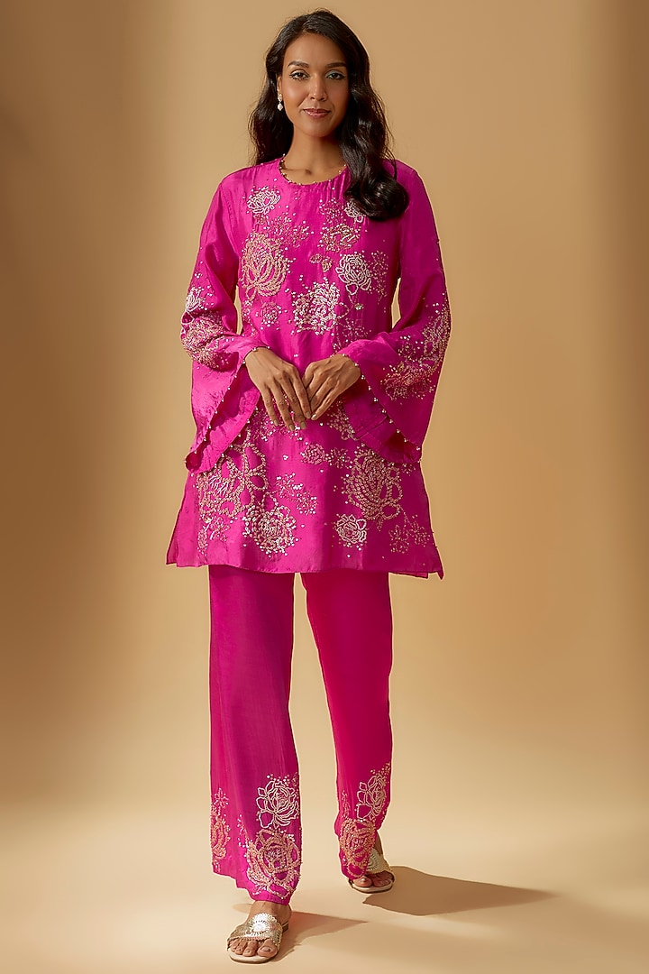 Hot Pink Viscose Silk Hand Embroidered Kurta Set by One not two at Pernia's Pop Up Shop