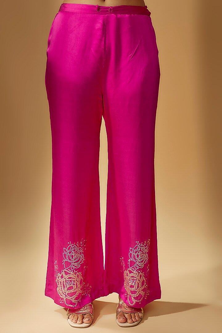 Hot Pink Viscose Silk Hand Embroidered Kurta Set by One not two at Pernia's Pop Up Shop