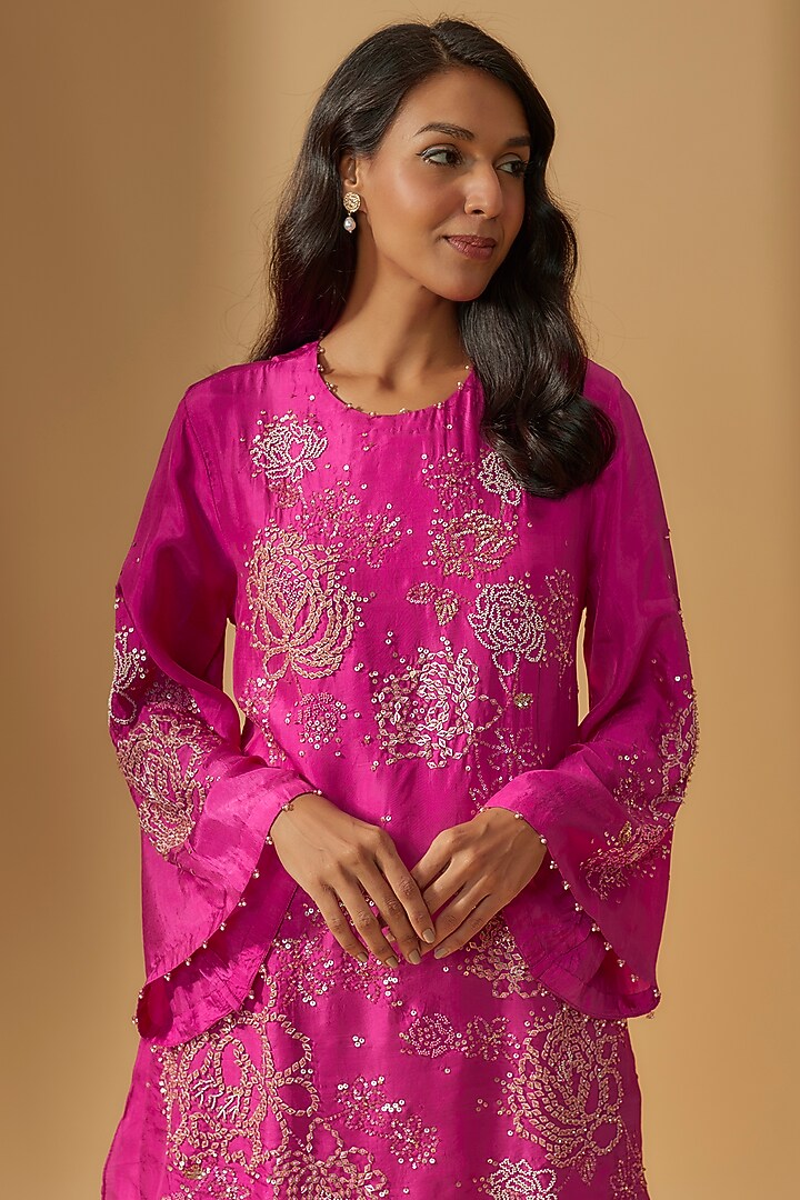 Hot Pink Viscose Silk Hand Embroidered Kurta Set by One not two at Pernia's Pop Up Shop