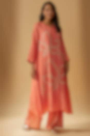 Coral Viscose Silk Hand Embroidered Kurta  by One not two