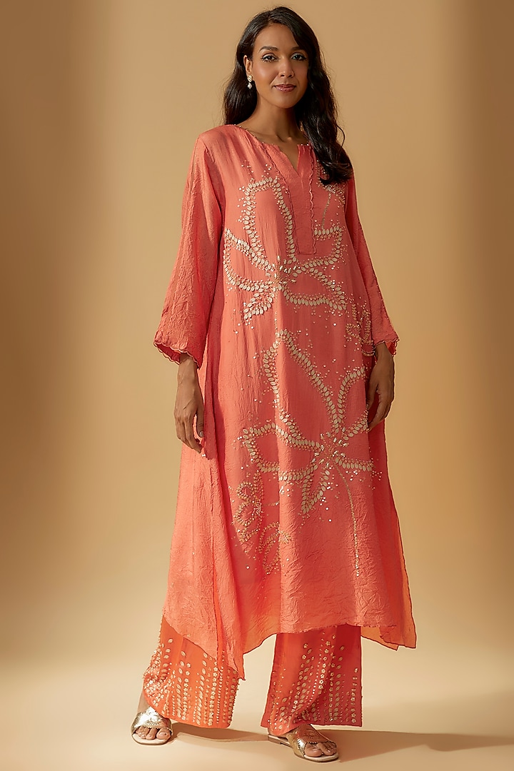 Coral Viscose Silk Hand Embroidered Kurta  by One not two