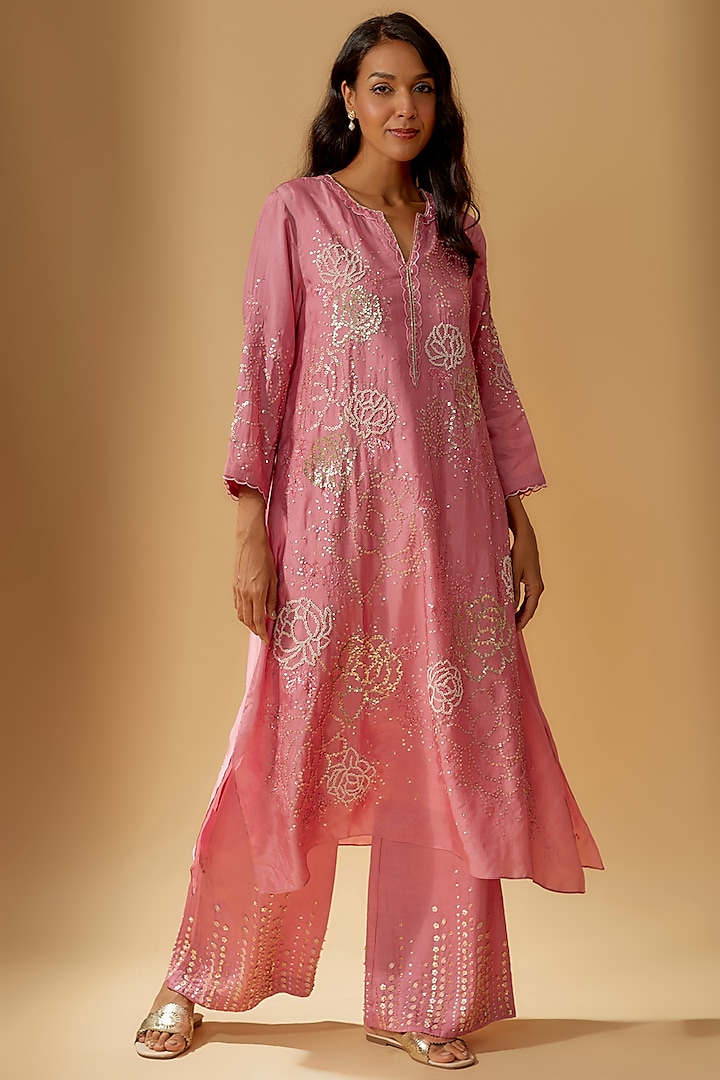 Rose Viscose Silk Hand Embroidered Kurta. by One not two