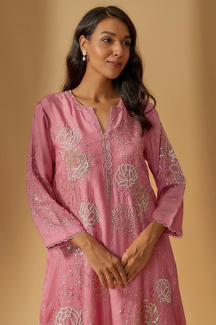 Rose Viscose Silk Hand Embroidered Kurta. by One not two at Pernia's Pop Up Shop