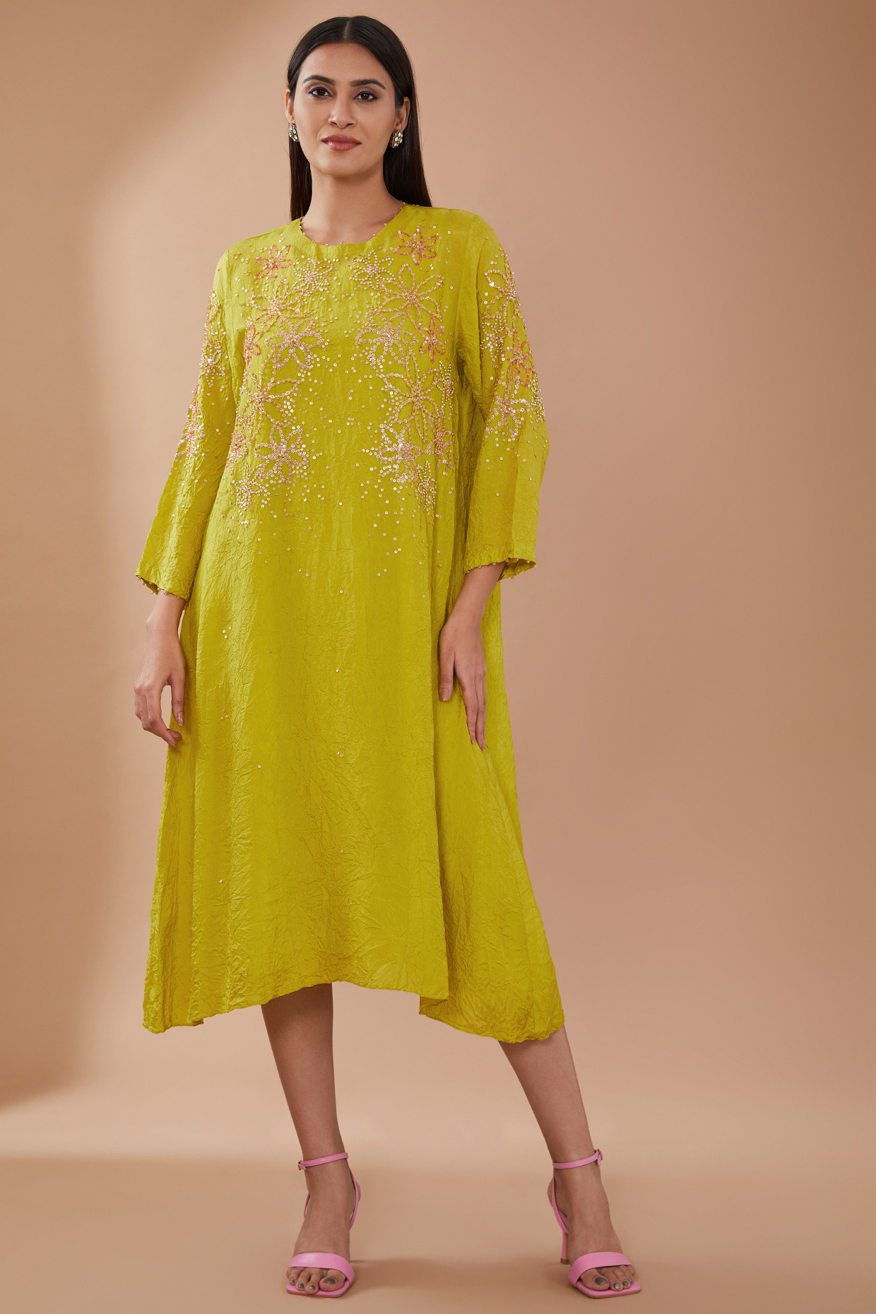 Citrine Green Viscose Silk Sequins Embroidered Kurta by One not two at Pernia's Pop Up Shop