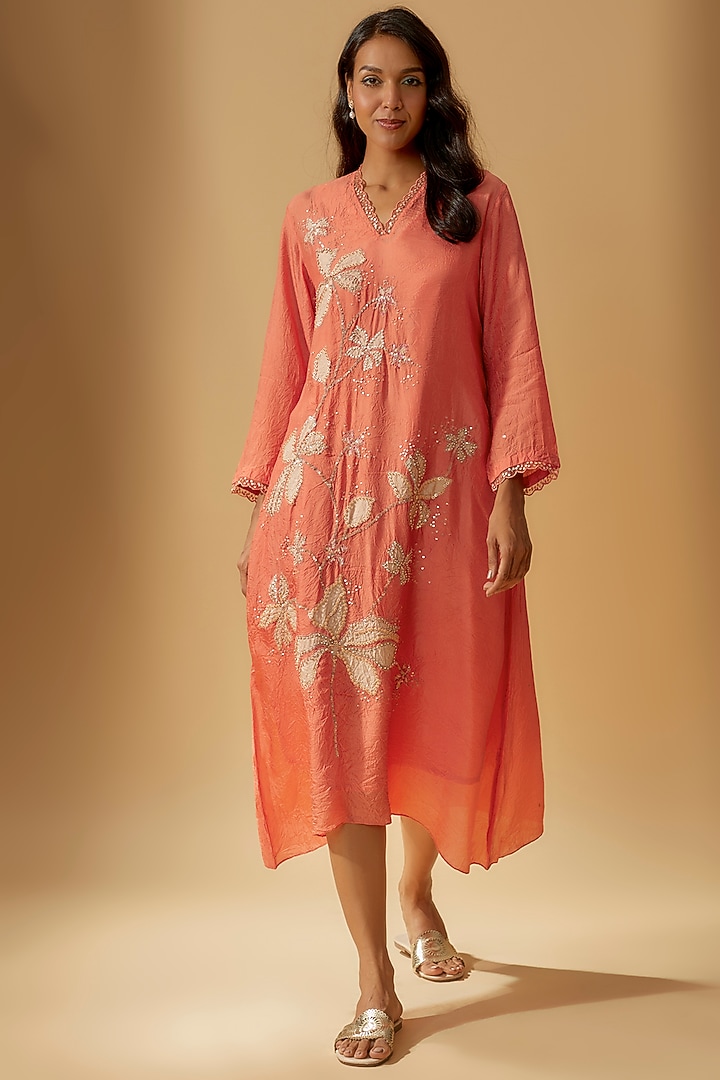 Coral Viscose Silk Embroidered Kurta by One not two at Pernia's Pop Up Shop