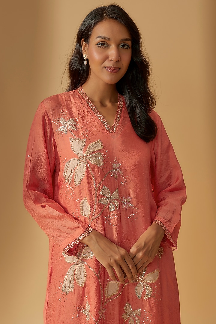 Coral Viscose Silk Embroidered Kurta by One not two at Pernia's Pop Up Shop
