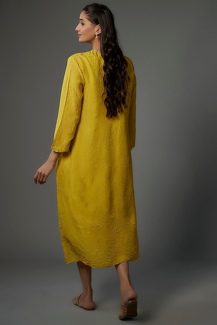 Yellow Crushed Silk Hand Embroidered Kurta by One not two at Pernia's Pop Up Shop