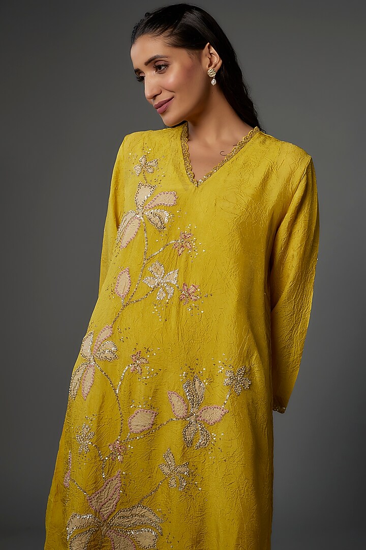 Yellow Crushed Silk Hand Embroidered Kurta by One not two at Pernia's Pop Up Shop