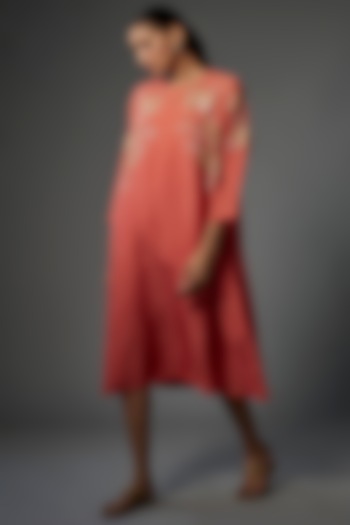 Coral Crushed Silk Hand Embroidered Kurta by One not two at Pernia's Pop Up Shop