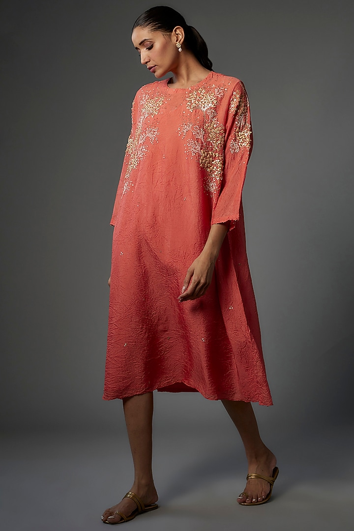 Coral Crushed Silk Hand Embroidered Kurta by One not two at Pernia's Pop Up Shop