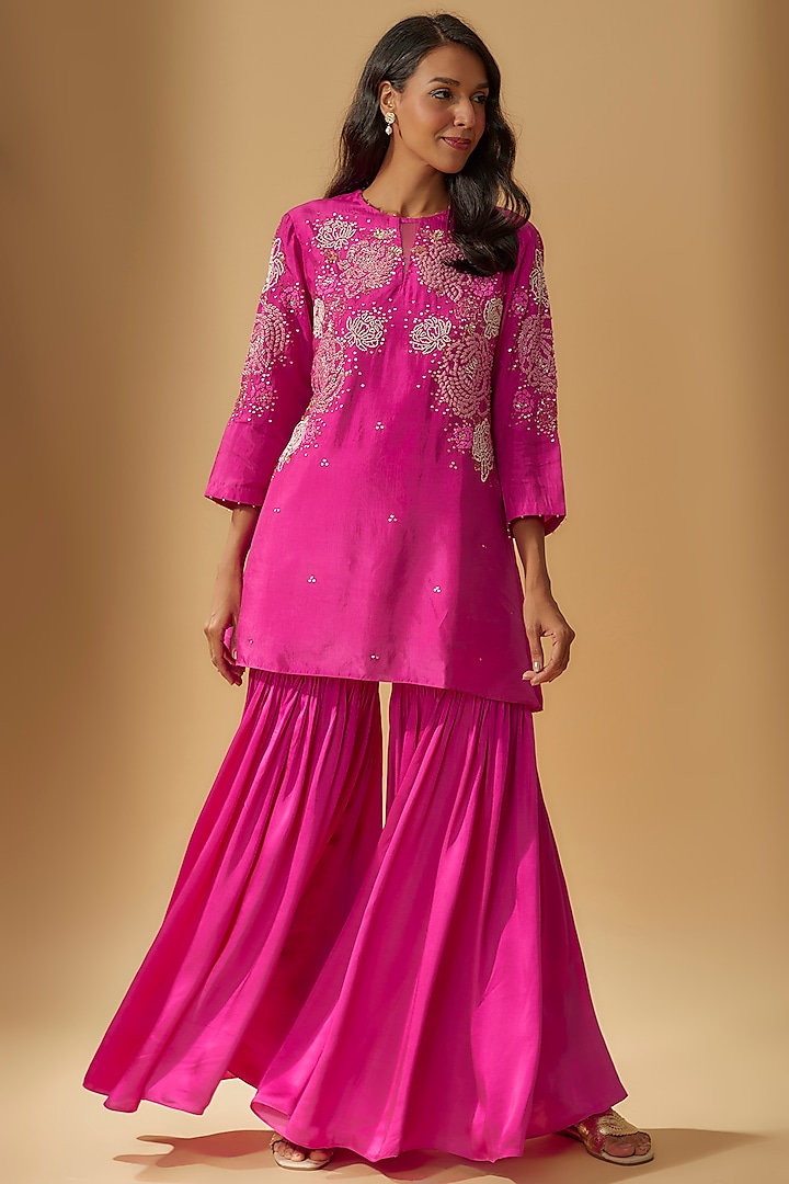 Hot Pink Modal Satin Sharara Set by One not two at Pernia's Pop Up Shop