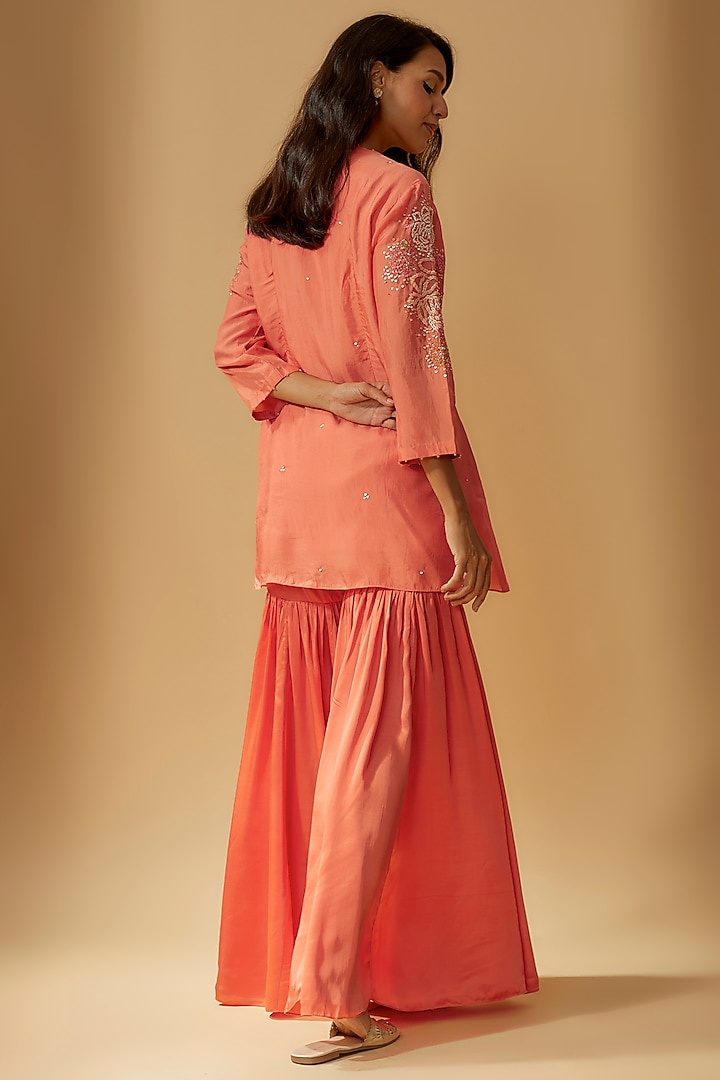Coral Modal Satin Party Wear Sharara Set by One not two at Pernia's Pop Up Shop
