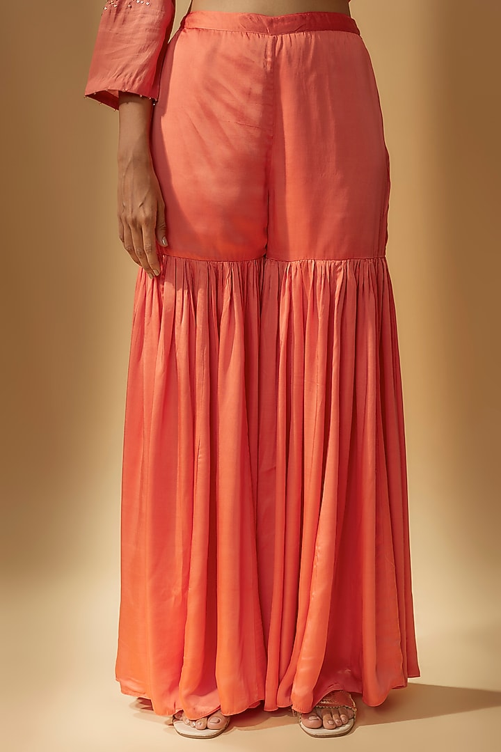 Coral Modal Satin Party Wear Sharara Set by One not two at Pernia's Pop Up Shop