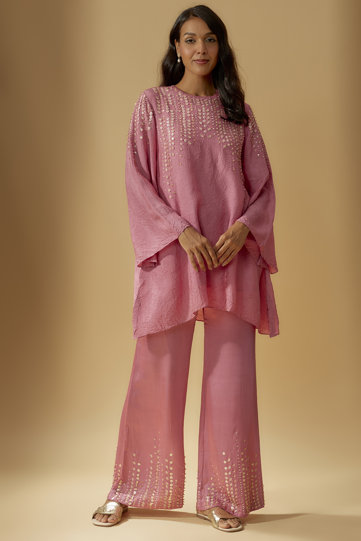 Rose Viscose Silk Hand Embroidered Kurta Set by One not two at Pernia's Pop Up Shop