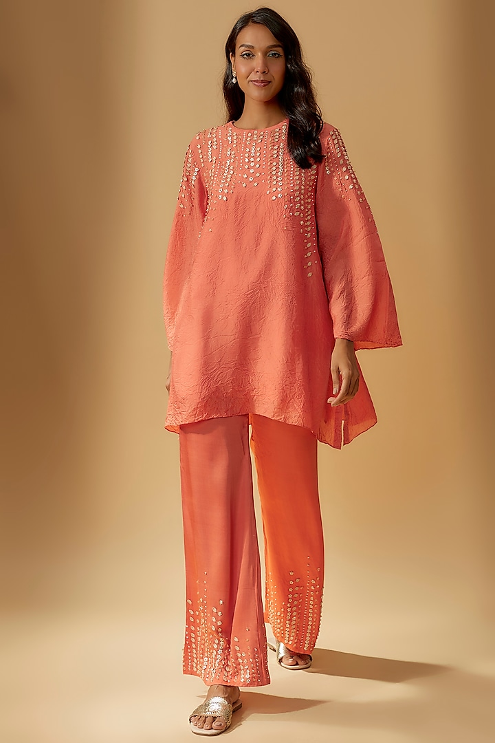 Coral Viscose Silk Hand Embroidered Kurta Set by One not two
