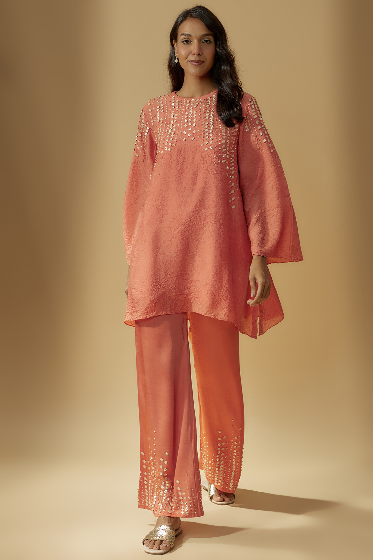 Coral Viscose Silk Hand Embroidered Kurta Set by One not two