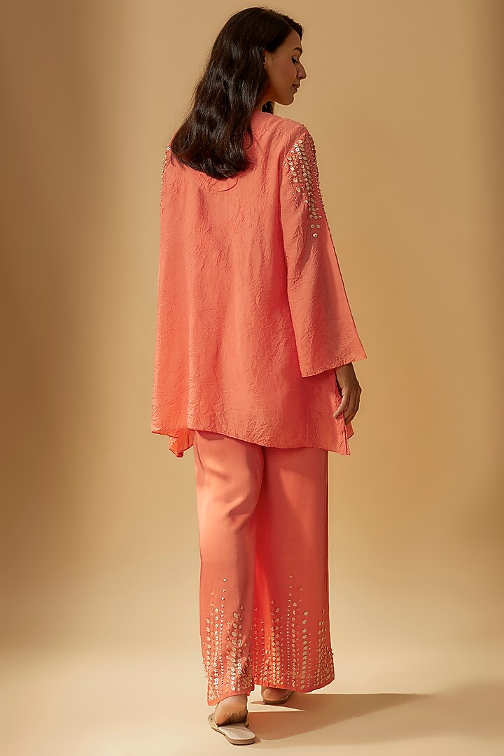 Coral Viscose Silk Hand Embroidered Kurta Set by One not two at Pernia's Pop Up Shop