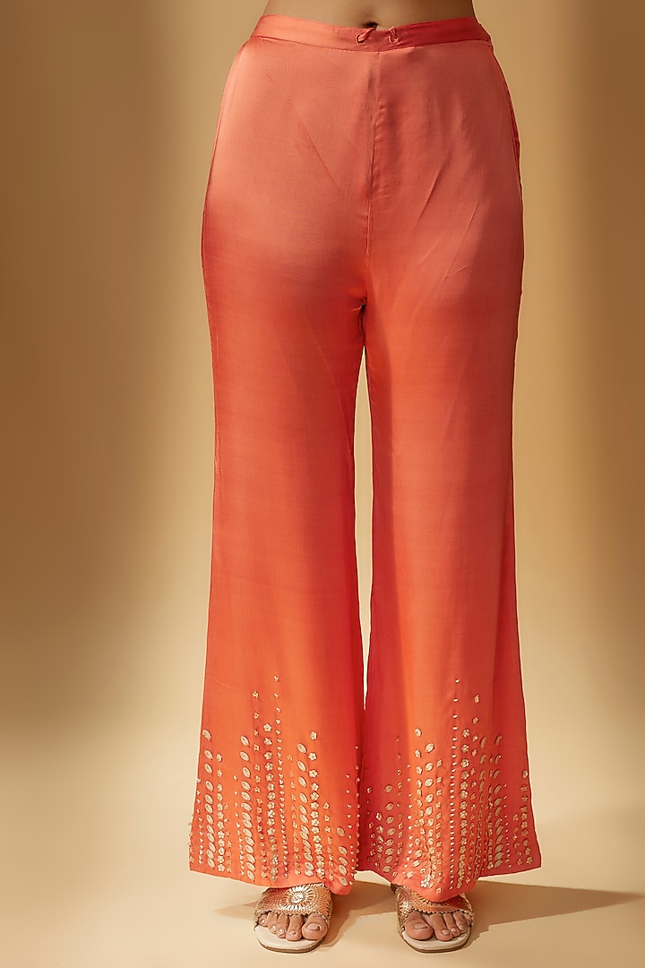 Coral Viscose Silk Hand Embroidered Kurta Set by One not two at Pernia's Pop Up Shop