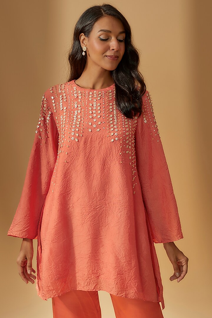 Coral Viscose Silk Hand Embroidered Kurta Set by One not two at Pernia's Pop Up Shop