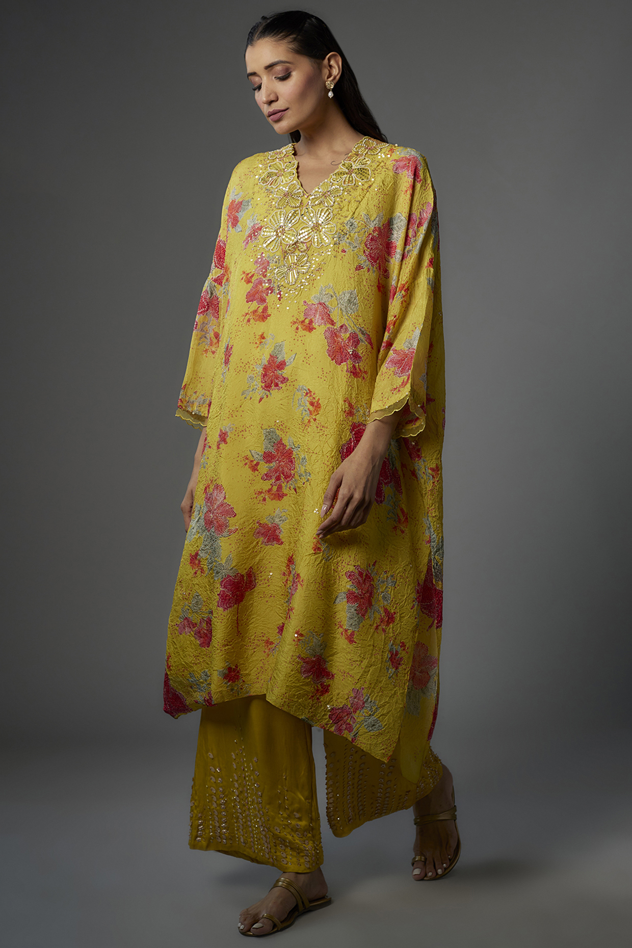Citrine Crushed Silk Printed & Embroidered kaftan tunic by One not two at Pernia's Pop Up Shop
