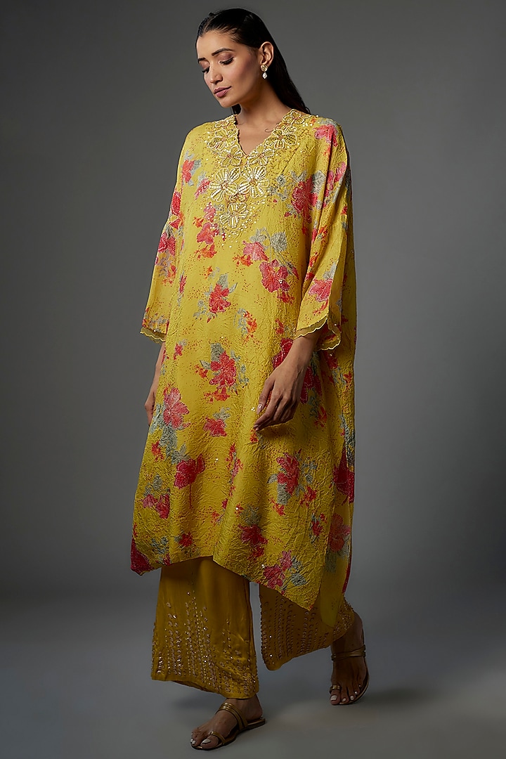 Citrine Crushed Silk Printed & Embroidered kaftan tunic by One not two at Pernia's Pop Up Shop