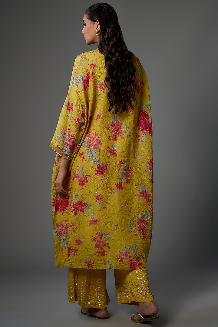 Citrine Crushed Silk Printed & Embroidered kaftan tunic by One not two at Pernia's Pop Up Shop