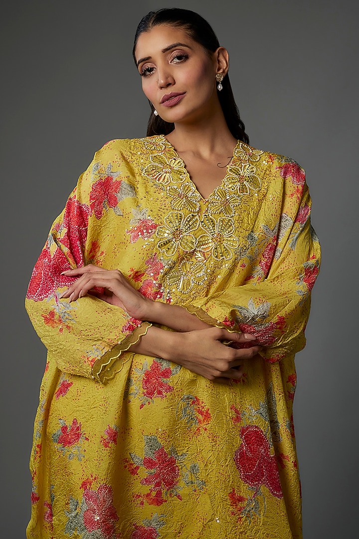 Citrine Crushed Silk Printed & Embroidered kaftan tunic by One not two at Pernia's Pop Up Shop