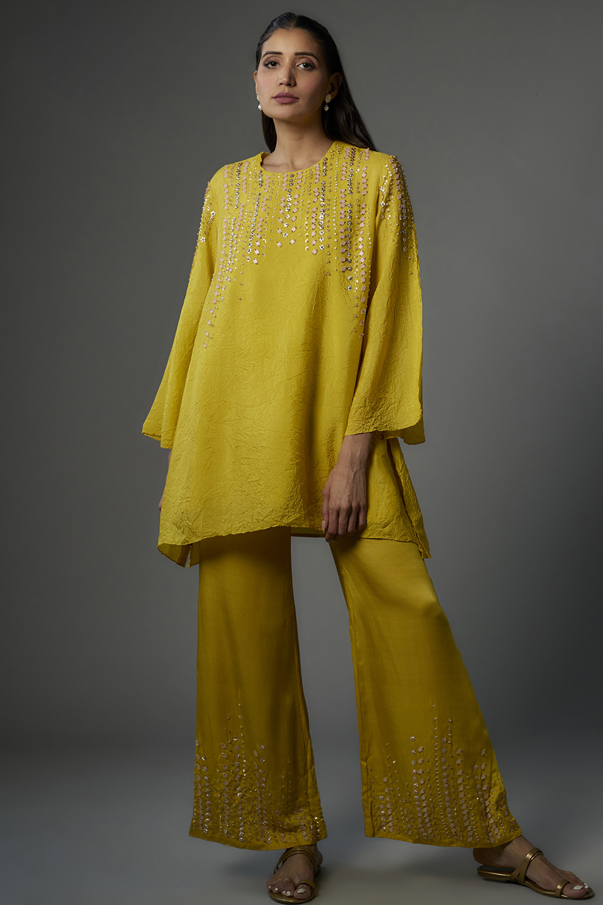 Yellow Crushed Silk Hand Embroidered Tunic Set by One not two at Pernia's Pop Up Shop