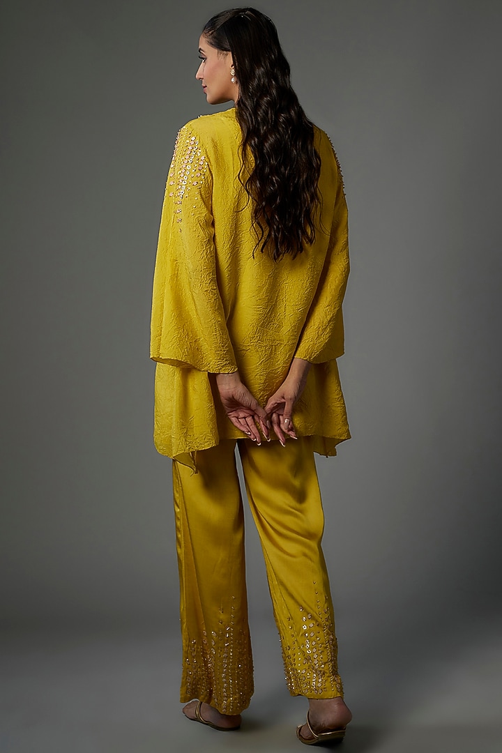 Yellow Crushed Silk Hand Embroidered Tunic Set by One not two at Pernia's Pop Up Shop
