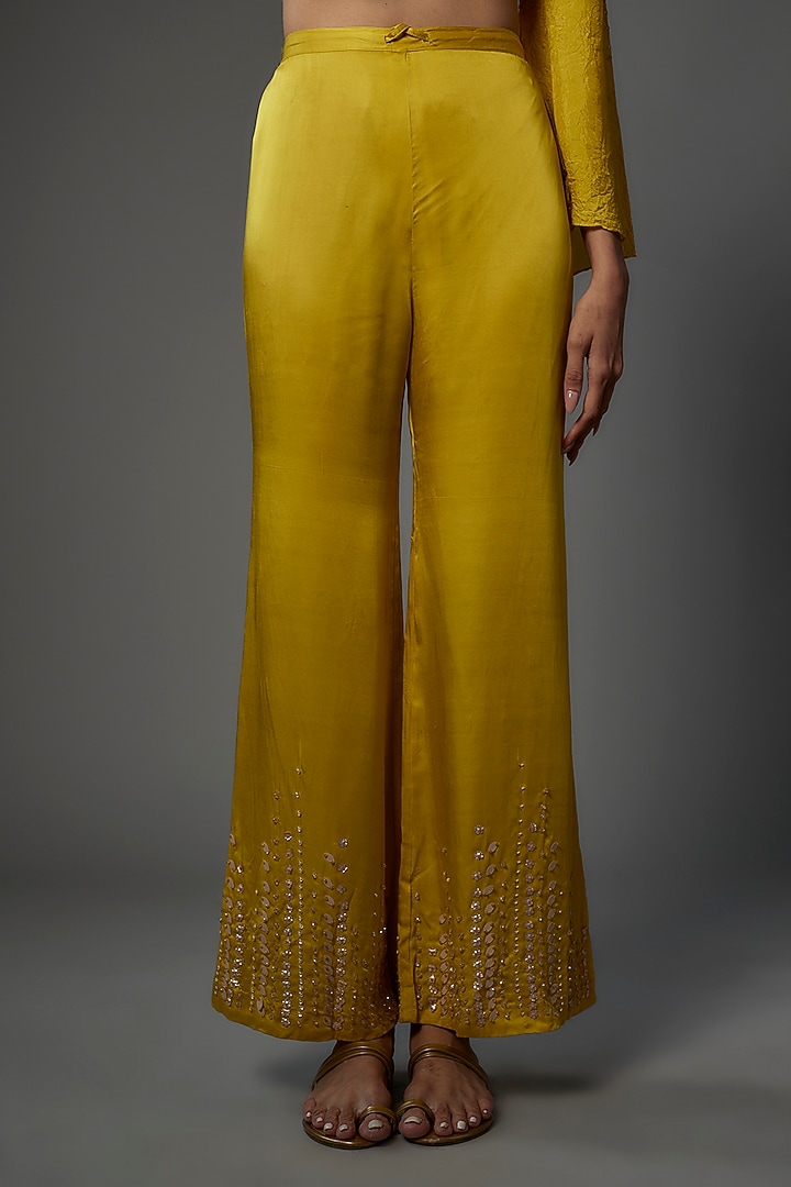 Yellow Crushed Silk Hand Embroidered Tunic Set by One not two at Pernia's Pop Up Shop