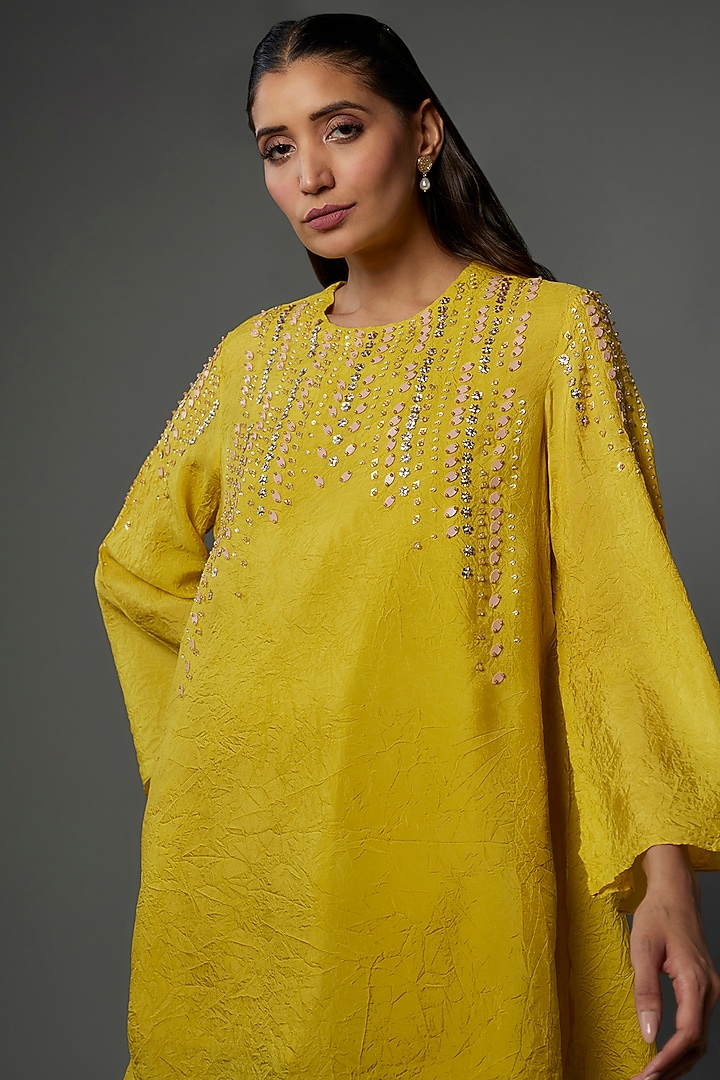 Yellow Crushed Silk Hand Embroidered Tunic Set by One not two at Pernia's Pop Up Shop