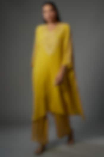 Yellow Crushed Silk Hand Embroidered Kaftan tunic by One not two at Pernia's Pop Up Shop