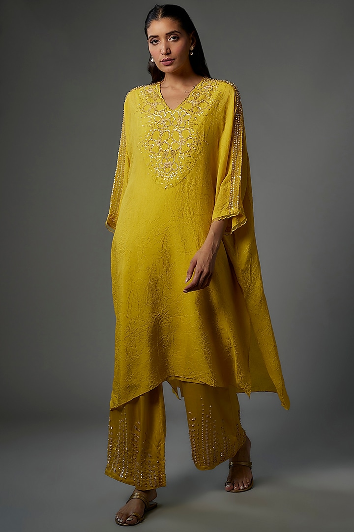 Yellow Crushed Silk Hand Embroidered Kaftan tunic by One not two at Pernia's Pop Up Shop
