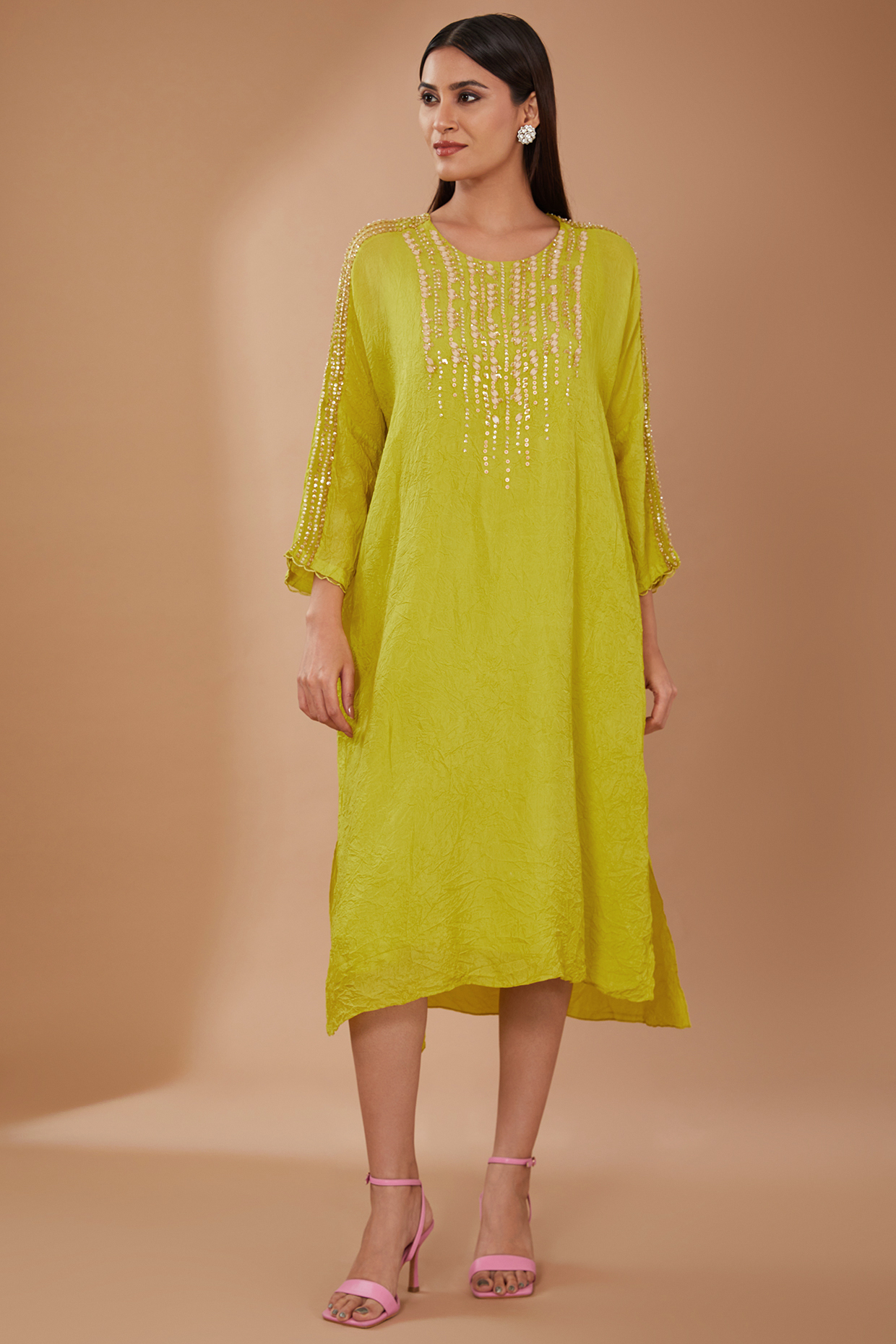 Citrine Green Viscose Silk Sequins Embroidered Kurta by One not two at Pernia's Pop Up Shop