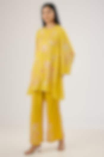 Mango Yellow Viscose Silk Floral Hand Embroidered A-Line Kurta Set by One not two at Pernia's Pop Up Shop